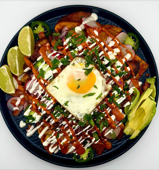 Pork Belly Chilaquiles with Spicy Peanut Red Sauce