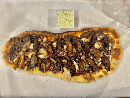 Hot Honey Chicken, Bacon, & Peach Flatbread